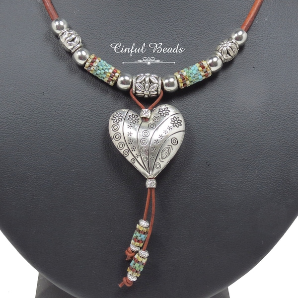 Southwest Boho Leather Heart Necklace, Silver Heart Pendant Necklace, Leather Necklace With Turquoise Picasso Peyote Tubes (LN29)