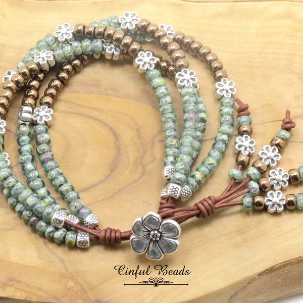 Seed Bead Leather Bracelet - Seafoam and Dark Bronze 4 Strand Bracelet With Flower Spacer Beads - Beaded Leather Bracelet - (4ST102)