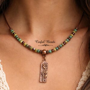 Boho Minimalist Leather Necklace With Antique Copper Flower Pendant and Picasso Seed Beads