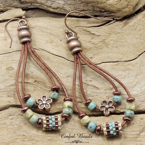 Southwestern Leather Dangle Earrings - Turquoise Beaded Leather Earrings - Picasso Seed Bead Leather Earrings - Copper Leather Earrings
