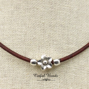 Minimalist Boho Style Silver Flower Leather Necklace Boho Minimalist Leather Jewelry image 1