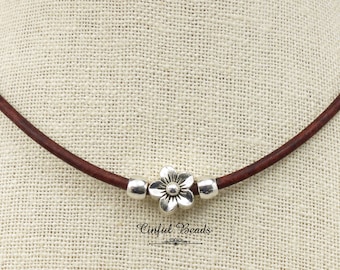 Minimalist Boho Style - Silver Flower Leather Necklace - Boho Minimalist Leather Jewelry