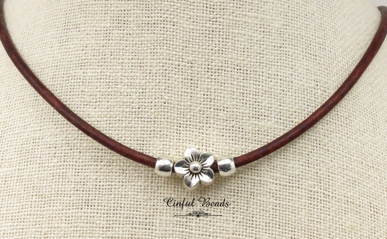Minimalist Boho Style Silver Flower Leather Necklace Boho Minimalist Leather Jewelry image 1