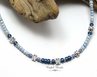 Minimalist Blue Denim Leather Necklace with Seed Beads and Flower Spacers - Boho Style