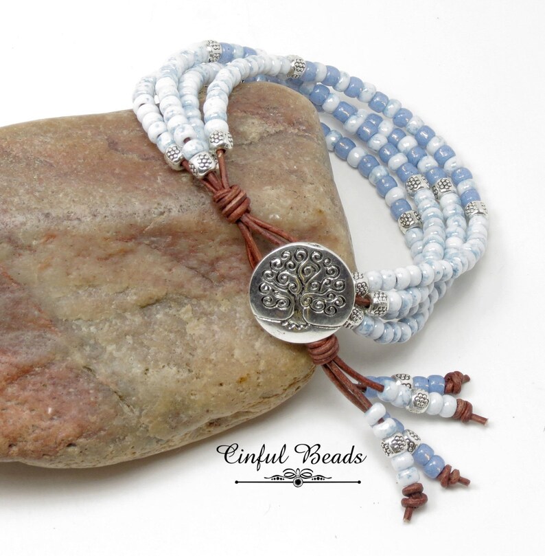 Blue Leather Wrap Bracelet Seed Bead Leather Wrap Blue Etsy