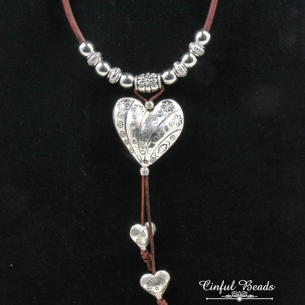 Boho Leather Heart Necklace - Silver Heart Pendant With Leather Fringe On Leather Cord - Silver Heart Necklace - (LN12)