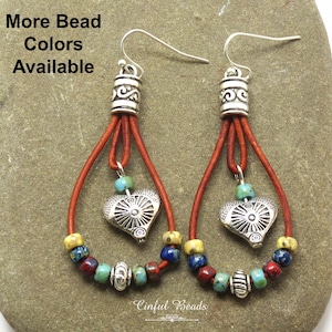 Boho Leather Teardrop Earrings with Seed Bead Accents and Southwestrn Heart Charm - Customize Your Earwires