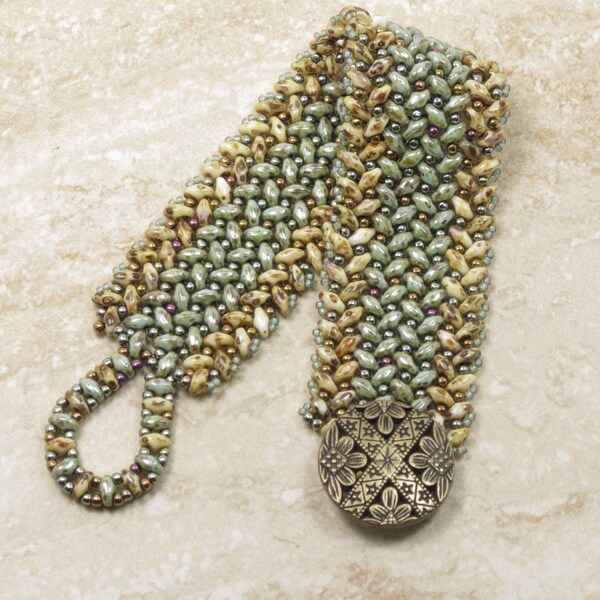 SUPERDUO HERRINGBONE CUFF Bracelet- Beige Picasso-Ultra Green Luster SuperDuos-Metallic Green Iris and Bronze Toho Seed Beads  (SD96)