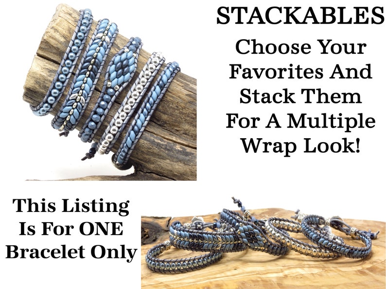 K&ouml;nnte beinhalten: Ein Set aus f&uuml;nf stapelbaren Perlenarmb&auml;ndern in Blaut&ouml;nen und Silber. Die Armb&auml;nder sind aus kleinen Perlen gefertigt und haben einen Lederkordelverschluss. Der Text "STACKABLES Choose Your Favorites And Stack Them For A Multiple Wrap Look!" wird &uuml;ber den Armb&auml;ndern angezeigt. Der Text "This Listing Is For ONE Bracelet Only" wird unter den Armb&auml;ndern angezeigt.