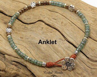 Minimalist Beaded Leather Anklet - Seafoam and Chocolate Leather Anklet - Dainty Southwestern Leather Anklet For Women (ANK102)