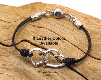 Double Heart Leather Bracelet, Silver Boho Leather Wrap Bracelet, Minimalist Leather Bracelet For Women, Hippie Leather Heart Bracelet (mb1)