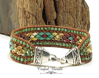7" Southwestern Beaded Leather Wrap Bracelet-SuperDuos-Toho Seed Beads-Southwest-Boho-Chic-Hippie-Leather Cuff-Picasso-Foldover Clasp-(SW2B)