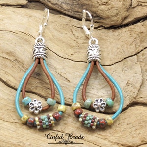 Southwestern Beaded Leather Dangle Earrings-Turquoise Picasso Leather Loop Earrings With Peyote Stitched Tube