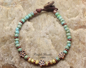 Minimalist Seed Bead Leather Bracelet - Turquoise And Copper Southwestern Leather Bracelet - Boho Leather Wrap Bracelet For Women