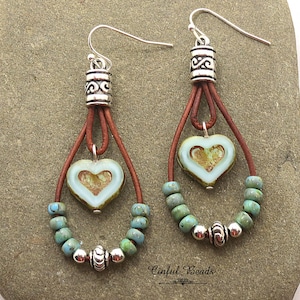 Turquoise Boho Leather Heart Earrings - Turquoise Czech Glass Heart Earrings with Turquoise Picasso Seed Beads - Leather Teardrop Earrings