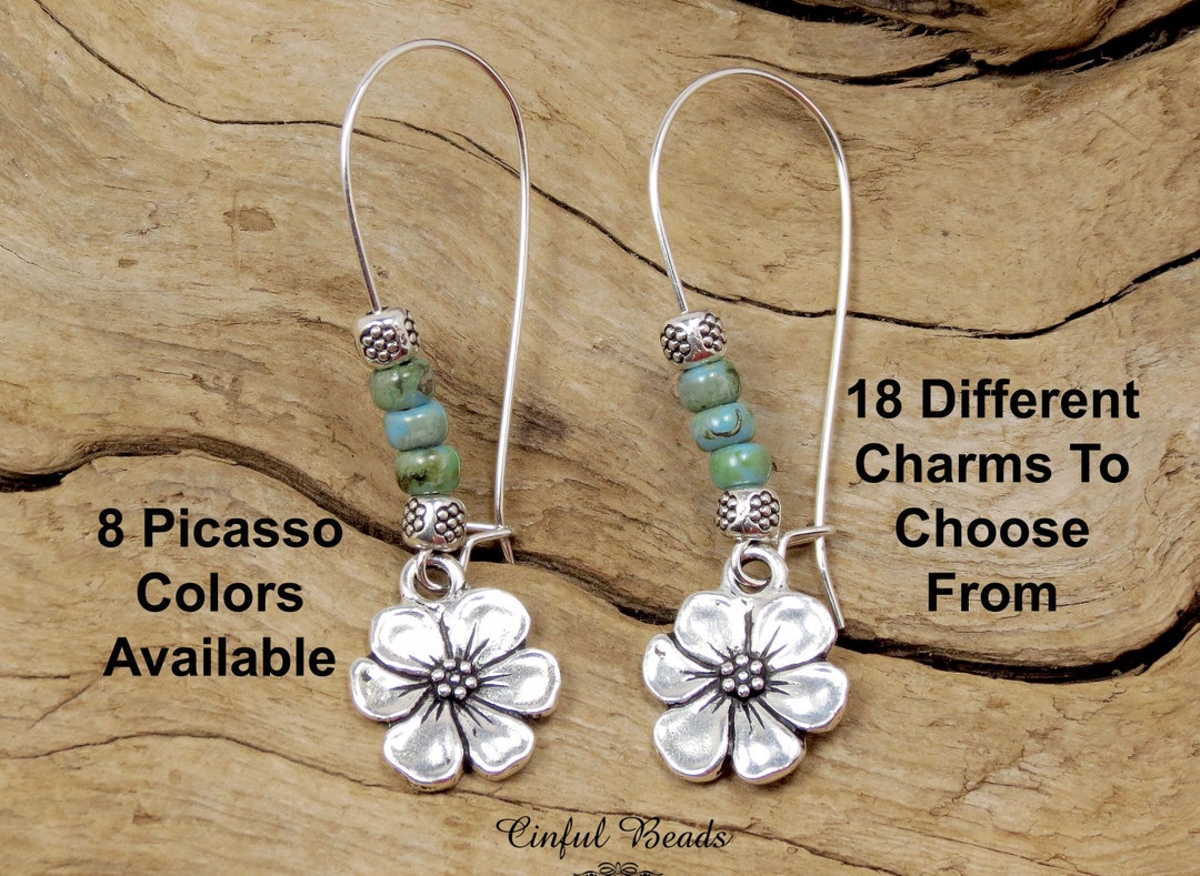Boho Silver Flower Charm Earrings Choose Your Charm Dangle Earrings