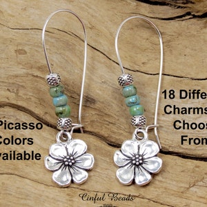 Boho Silver Flower Charm Earrings - Choose Your Charm Dangle Earrings - Personalized Seed Bead and Charm Earrings