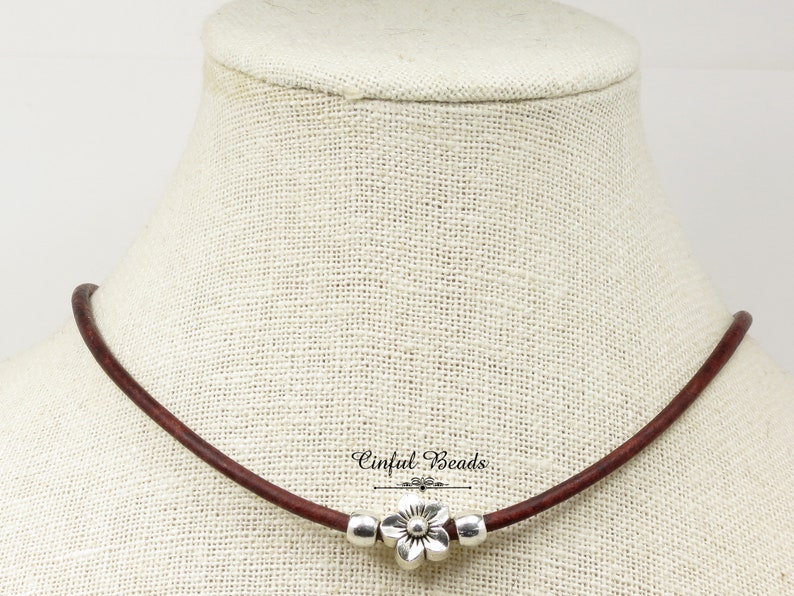 Minimalist Boho Style Silver Flower Leather Necklace Boho Minimalist Leather Jewelry image 6