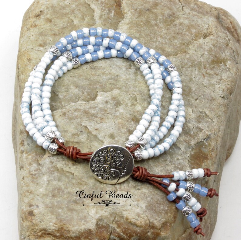 Blue Leather Wrap Bracelet Seed Bead Leather Wrap Blue Etsy