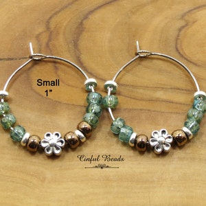 Stainless Steel Seed Bead Hoop Earrings - Seafoam Picasso and Chocolate Earrings - Small 1&quot; - Meidum 1 3/8&quot; - Large 2&quot;