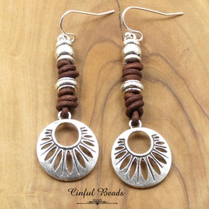Boho Ethnic Leather Earrings - Silver And Natural Brown Leather Dangle Earrings - Tribal Leather Earrings - Boho Leather Earrings For Women