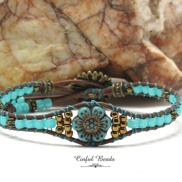 Beaded Leather Wrap Bracelet - Turquoise Wild Rose With Bronze Wash - Czech Glass Flower Leather Bracelet (SW251)