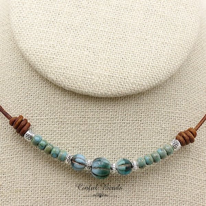 Minimalist Boho Leather Necklace - Turquoise Picasso Czech Glass Leather Necklace - Boho Style Turquoise Beaded Leather Necklace