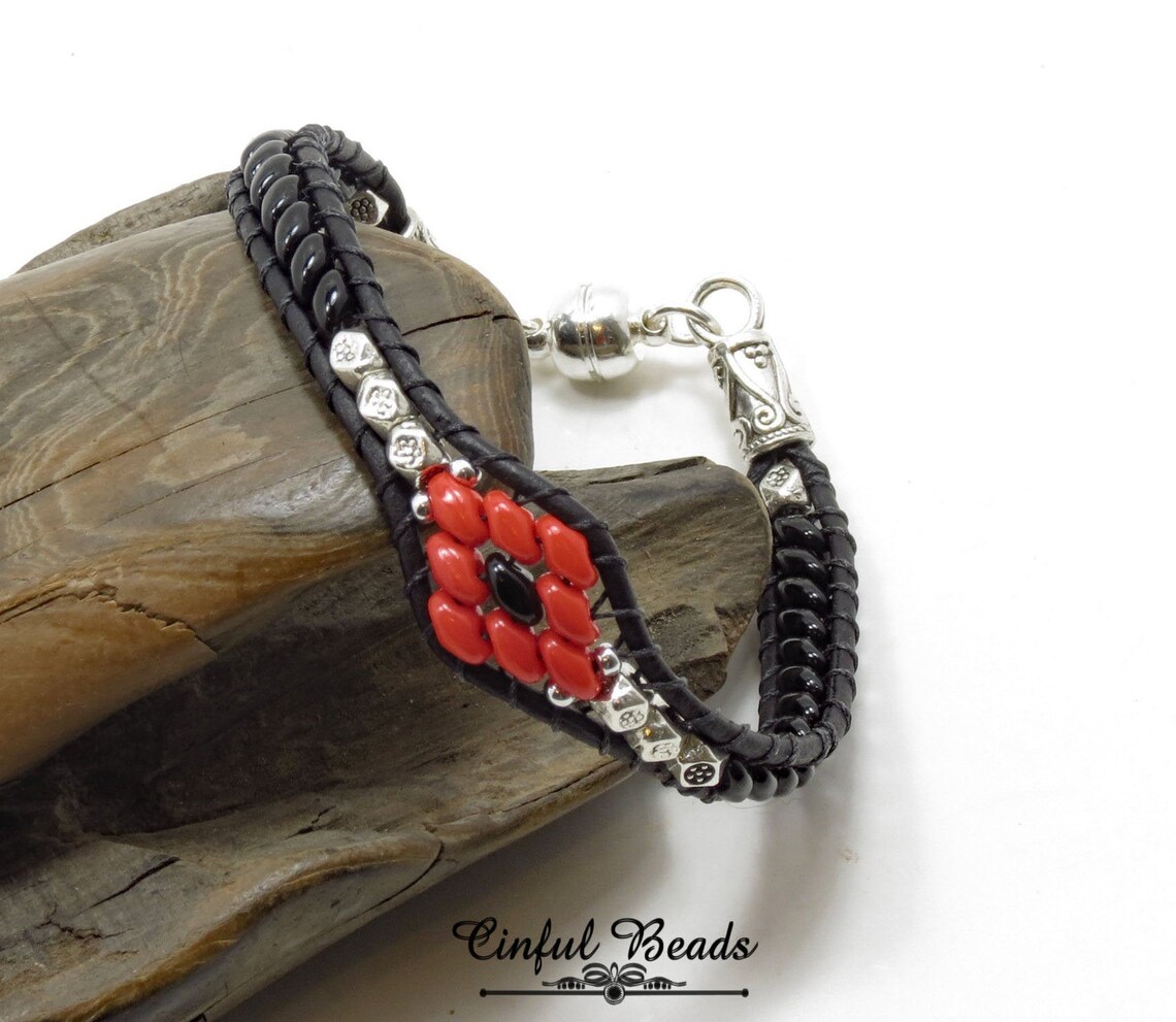 Black And Red Leather Wrap Bracelet Skinny Leather Bracelet Etsy