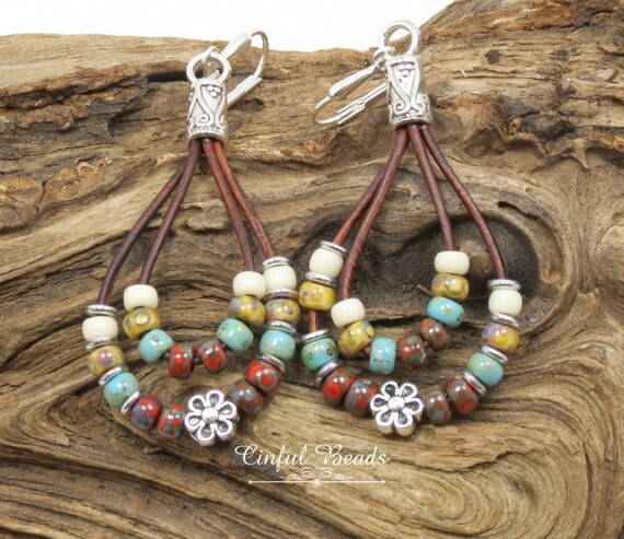 original. boho green 925 silver cross stitch black recycled bohemian khaki leather Earrings urban
