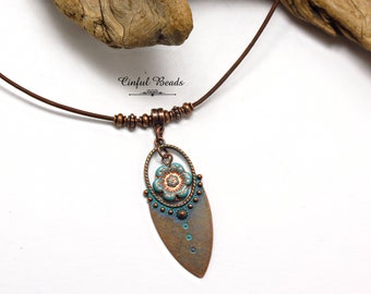 Boho Leather Turquoise Flower Necklace with Copper Patina Tribal Pendant - Copper Leather Necklace Plus 2" Extender Chain
