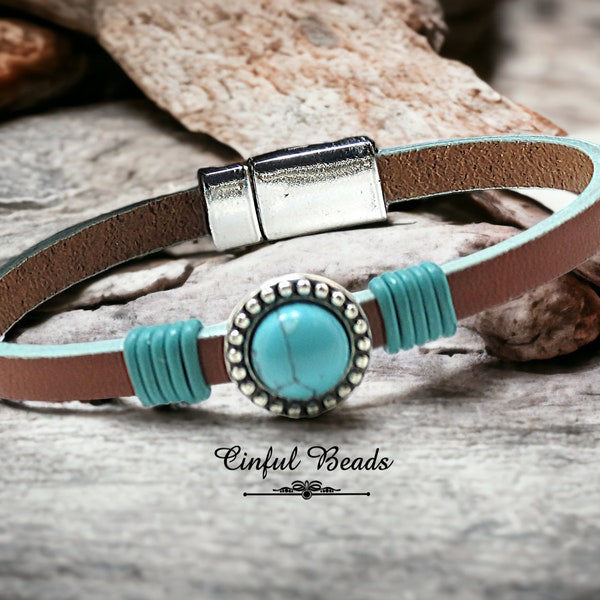 Boho Chic Leather Cuff Bracelet with Turquoise Slider Bead and Magnetic Clasp - Southwest Inspired