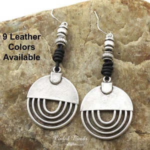 Silver Boho Leather Earrings - Tribal Leather Earrings - Antique Silver Ethnic Dangle Earrings - Bohemian Leather Earrings
