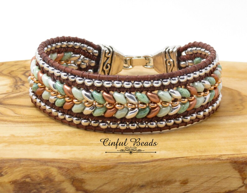 7 Beaded Leather Cuff Bracelet Green Copper and Etsy