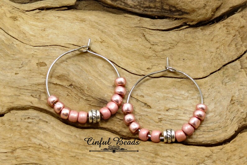 Stainless Steel Hoop Earrings Pink Seed Bead Hoop Earrings Etsy