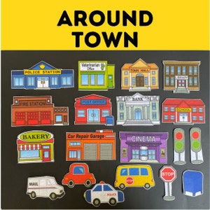 Around Town Community Felt // Flannel Board  // Preschool // Kids // Pretend Play // Transportation // Community Helpers