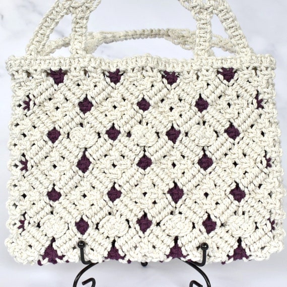 Macrame Handbag. White Purple. Original Design. Handmade Handbag. Purse. Macrame Handbag Magnetic. Bag With Handles Etsy Canada