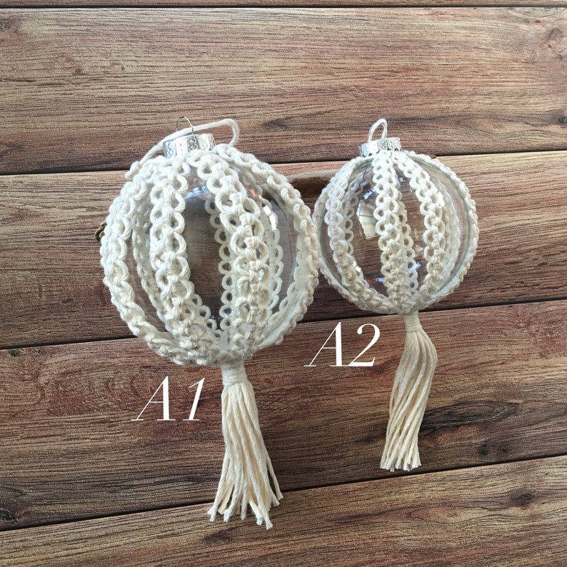 Macrame Christmas Tree Ornaments. Glass Ball Ornaments. Macrame