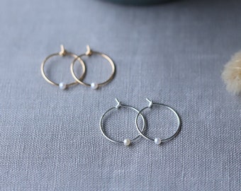 Dainty hoop earrings with tiny freshwater pearls in silver or gold, pearl earrings, bridesmaid jewelry