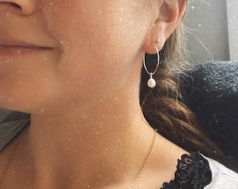 Teardrop freshwater pearl hoop earrings, bridesmaid earrings
