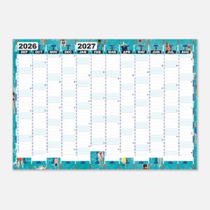 May include: A wall calendar spanning September 2026 through August 2027, featuring a swimming pool theme with blue water and swimmers at the top and bottom. The grid displays months from SEP to AUG with numbered days and small circular icons.