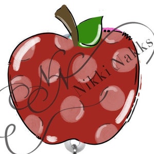 May include: Red apple with white polka dots, a green leaf, and a brown stem. The apple is attached to a clear plastic retractable badge holder.