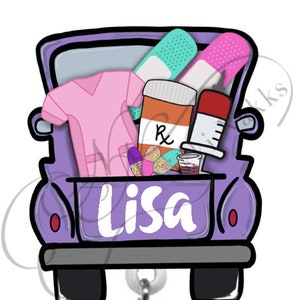 May include: Purple pickup truck with a white bed filled with medical supplies, including a pink scrub top, bandages, a pill bottle, a syringe, and a small cup. The truck has the name "Lisa" written on the back.