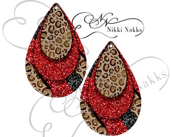 Red Glitter, Leopard Glitter and Black Glitter Layered Look Earring Design - PNG File