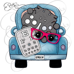 Puede incluir: Una camioneta azul con una tabla de optometrista y gafas rosas en la parte trasera. La camioneta tiene la palabra "EYECU" en la matrícula.
