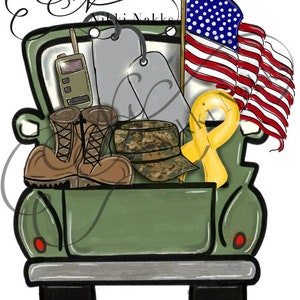 May include: A green pickup truck bed filled with military-themed items, including a camouflage hat, dog tags, boots, a walkie-talkie, and a yellow ribbon. An American flag is waving in the wind.