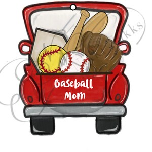 May include: Red pickup truck with a white tailgate that says "Baseball Mom". The truck bed is filled with baseballs, softballs, and bats.