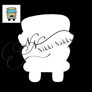 May include: A white outline of a school bus with the text "Nikki Nakks" written inside.