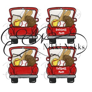 May include: Four red pickup truck ornaments with baseball and softball equipment in the bed. The trucks have the text "Baseball Mom" and "Softball Mom" on the back.