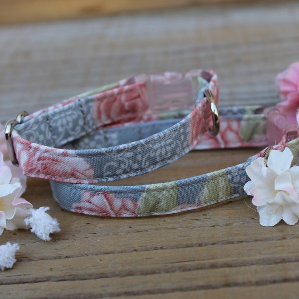 Teacup Mini Puppy Dog Collar in Rose and Lace on Gray, XXXS/XXS Soft Tiny First Puppy Pet Collar, 4.5-6.5" or 6-8"