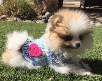 Teacup Puppy Dog Sweater XXXS/XXS 1 1/2 - 2 lb Denim Colored Coat with Crochet Heart Option
